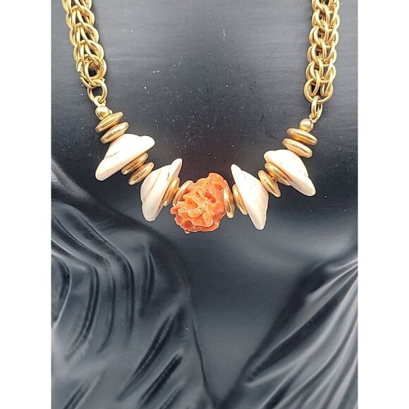 Miriam Haskell Puka Shell Raw Coral Necklace Vintage 15" Gold Tone Wheat Chain - Picture 7 of 16